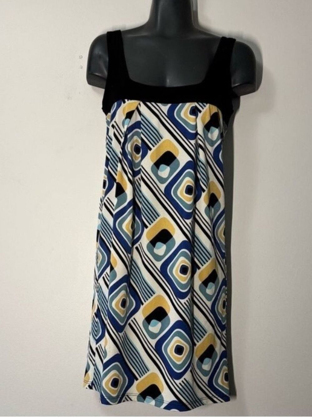 Vintage x Khaki Krew Blue and Black Sleeveless Scoop Neck Mini Sundress Small